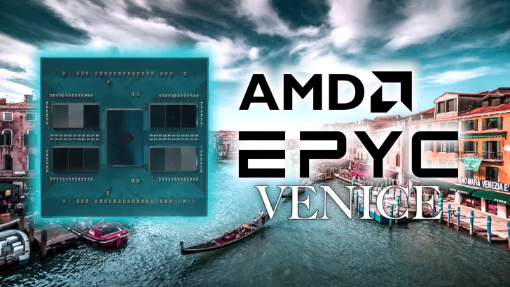 Illustration of AMD EPYC Venice CPU showcasing 6th generation technology in a futuristic setting.