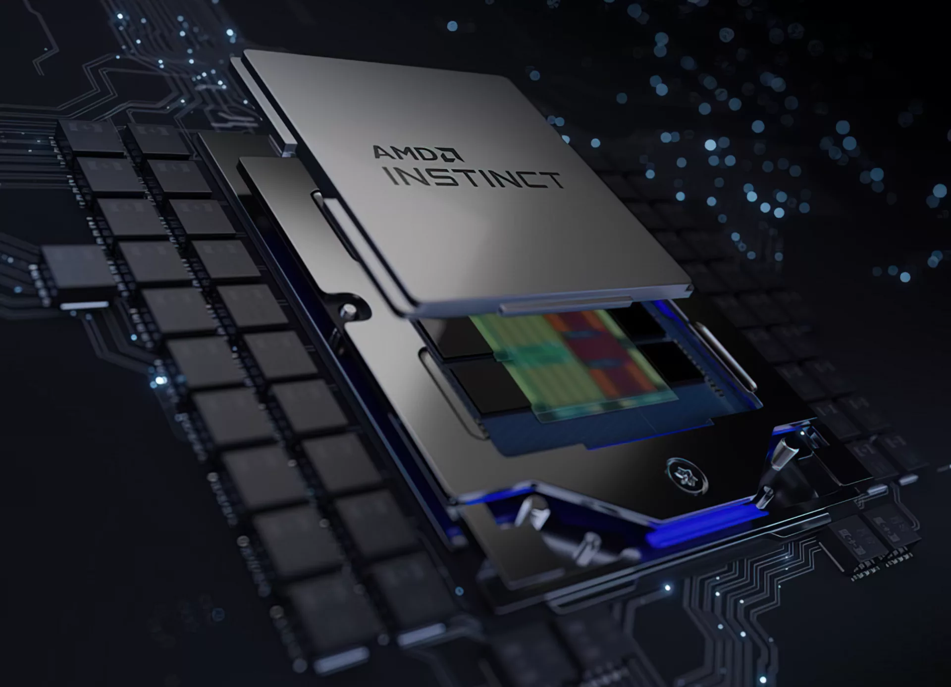A modern artistic representation of AMD Instinct MI450 showcasing advanced AI solutions, featuring vibrant colors and a futuristic design.