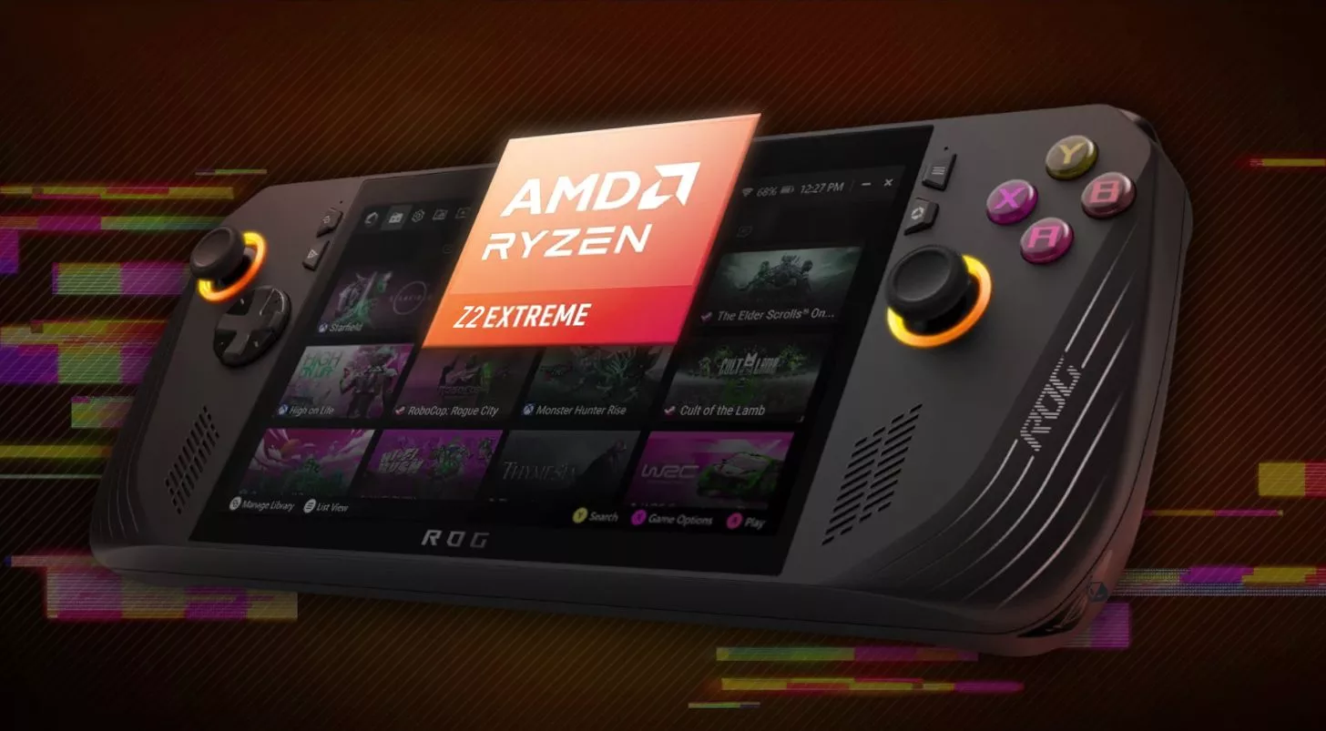 A modern artistic illustration of the AMD Ryzen Z2 Extreme APU alongside the MSI Claw 8 gaming laptop, showcasing advanced technology in a vibrant and abstract style.