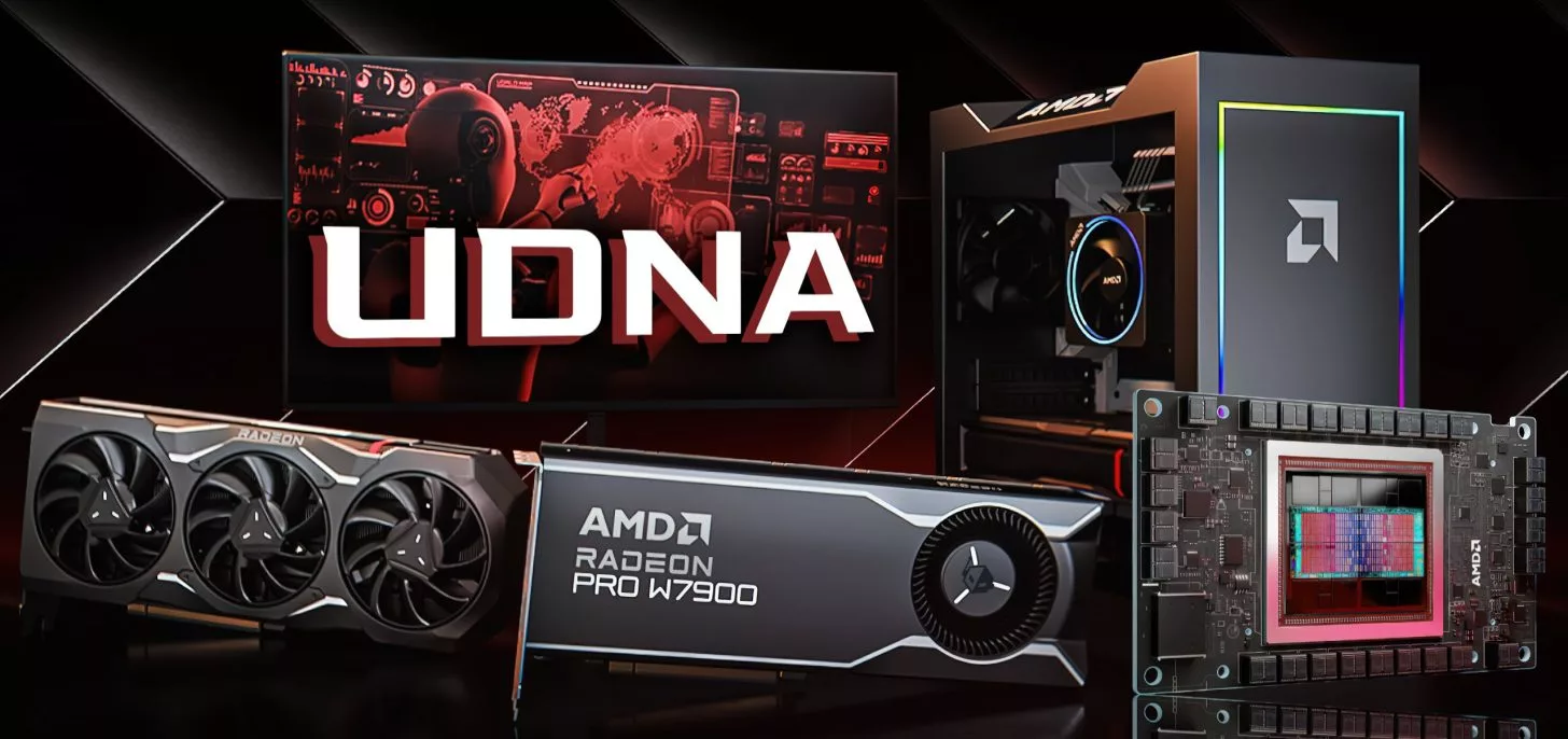 An artistic representation of AMD's UDNA architecture showcasing next-gen GPU technology with vibrant colors and dynamic circuitry.