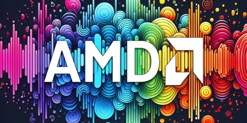 Futuristic AMD Sound Wave CPU with dynamic sound wave patterns and a modern aesthetic design.
