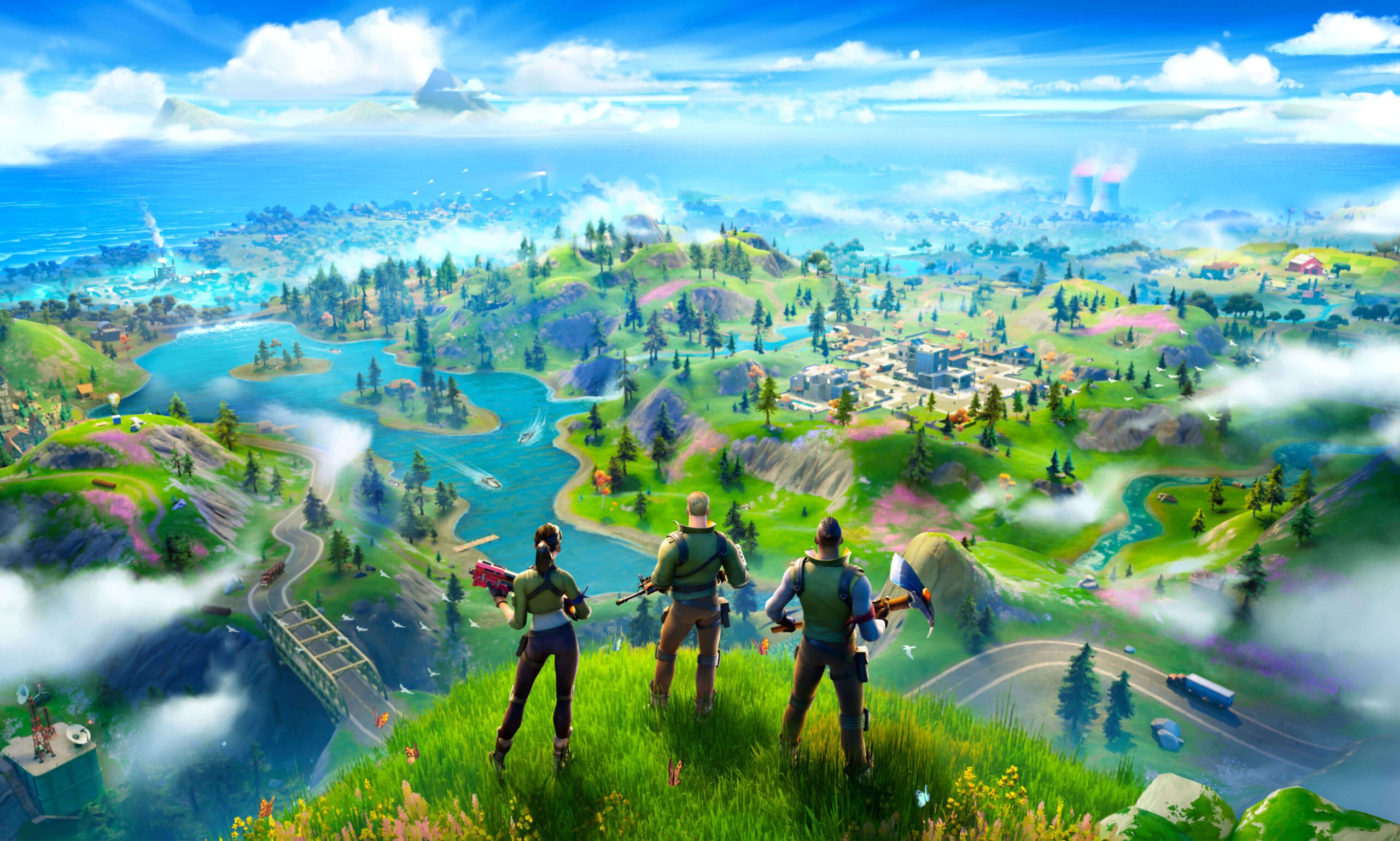 A vibrant digital artwork featuring a Fortnite character in a tuxedo, blending elements of James Bond with a colorful gaming environment.
