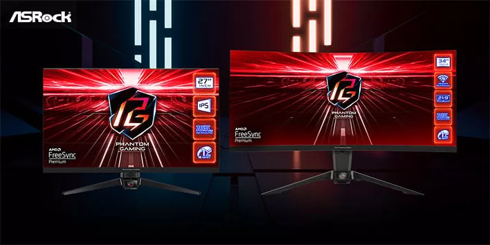A modern gaming setup featuring ASRock gaming monitors with vibrant RGB lighting, showcasing high performance and sleek design in a high-tech environment.