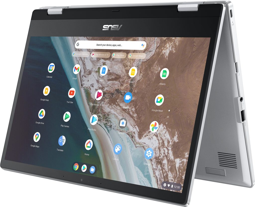 A stylish ASUS Chromebook CX14 and CX15 placed on a modern desk in an elegant office environment.