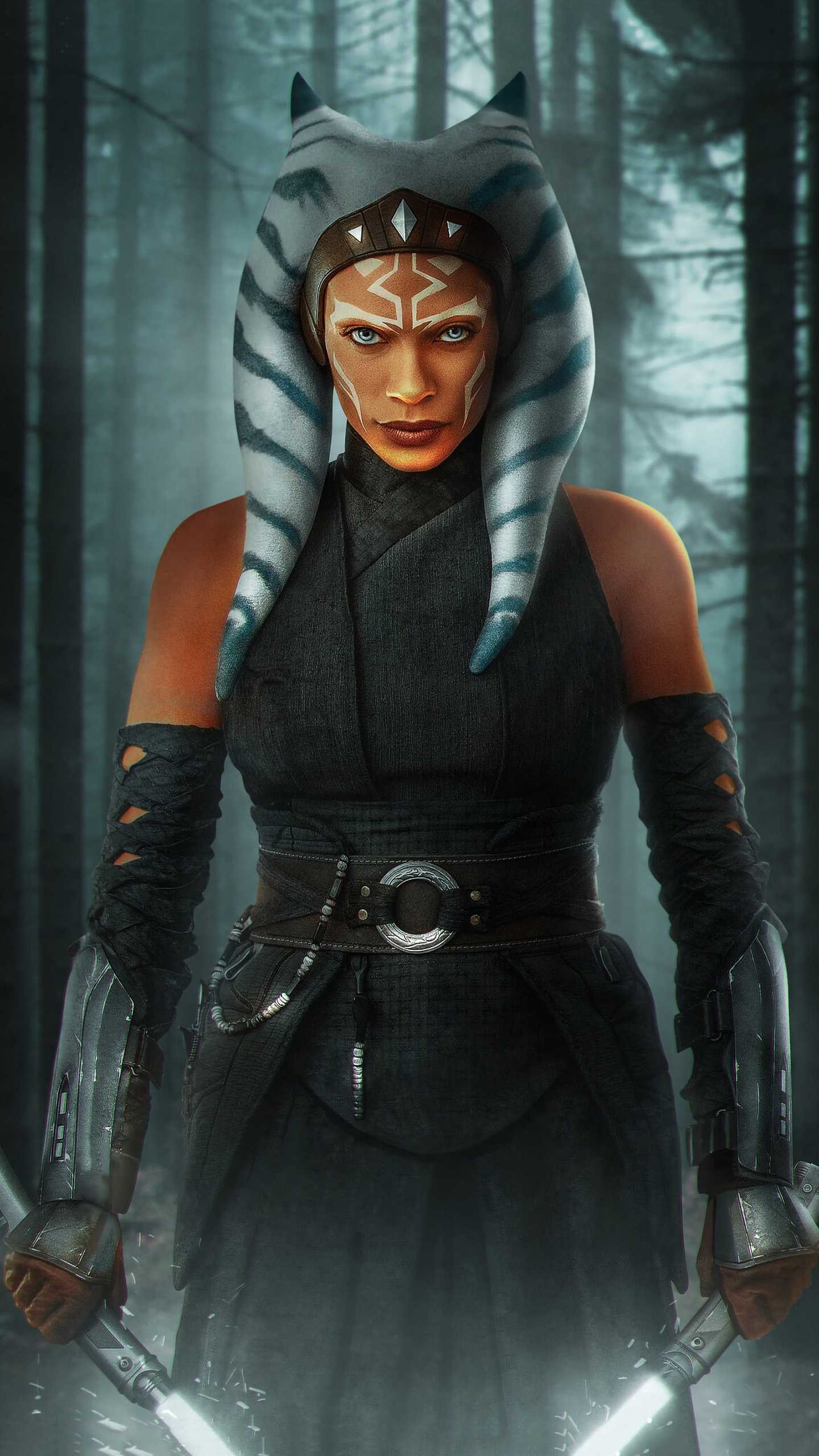 Aesthetic illustration of Ahsoka Tano and Hayden Christensen as Anakin Skywalker in a high-tech Star Wars setting.