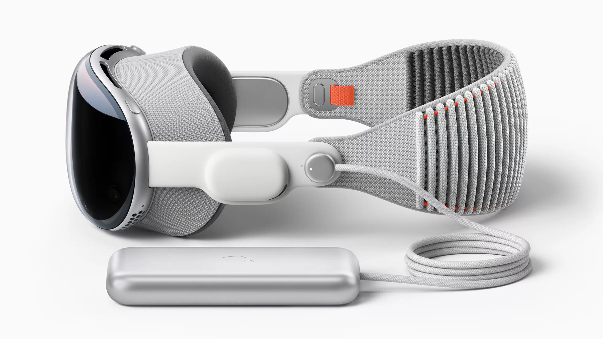 A modern illustration of the Apple Vision Pro headset on a minimalist desk with futuristic elements.