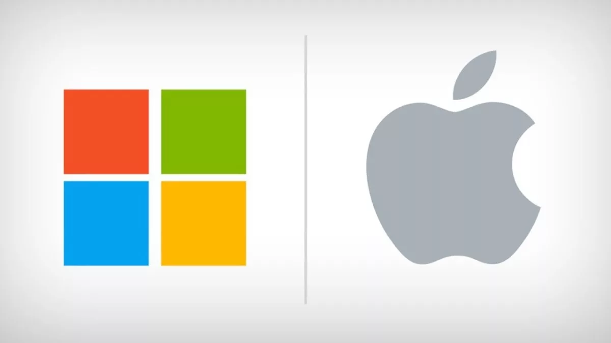 A modern artistic representation of the rivalry between Microsoft and Apple, showcasing technological products and logos.