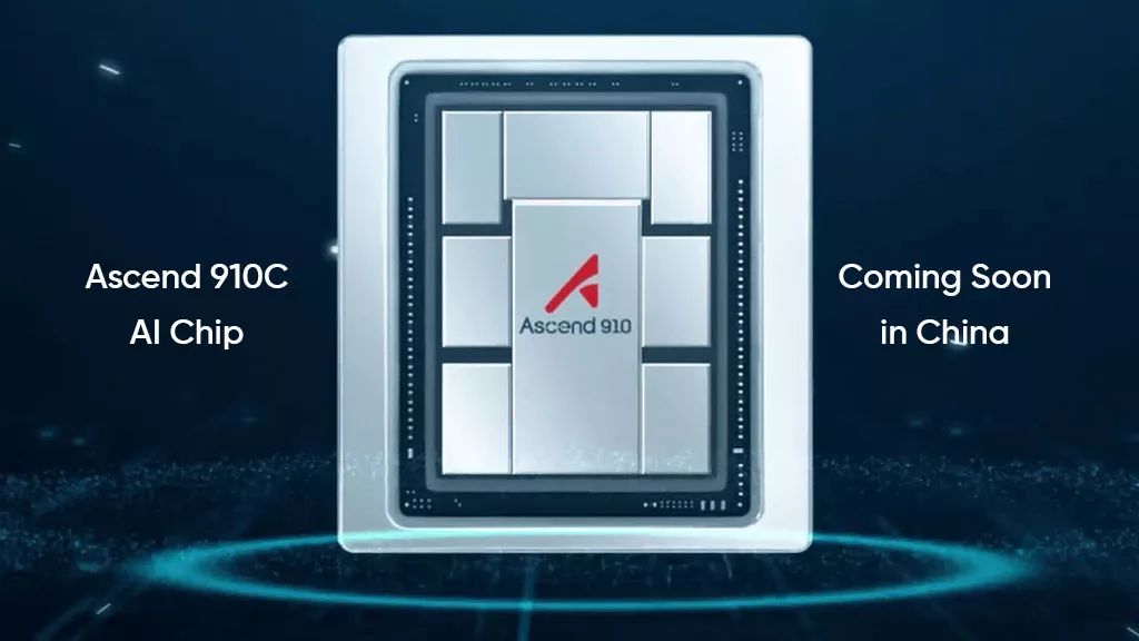 Modern visual representation of Huawei Ascend 910C highlighting expected 700K chip sales in 2025.