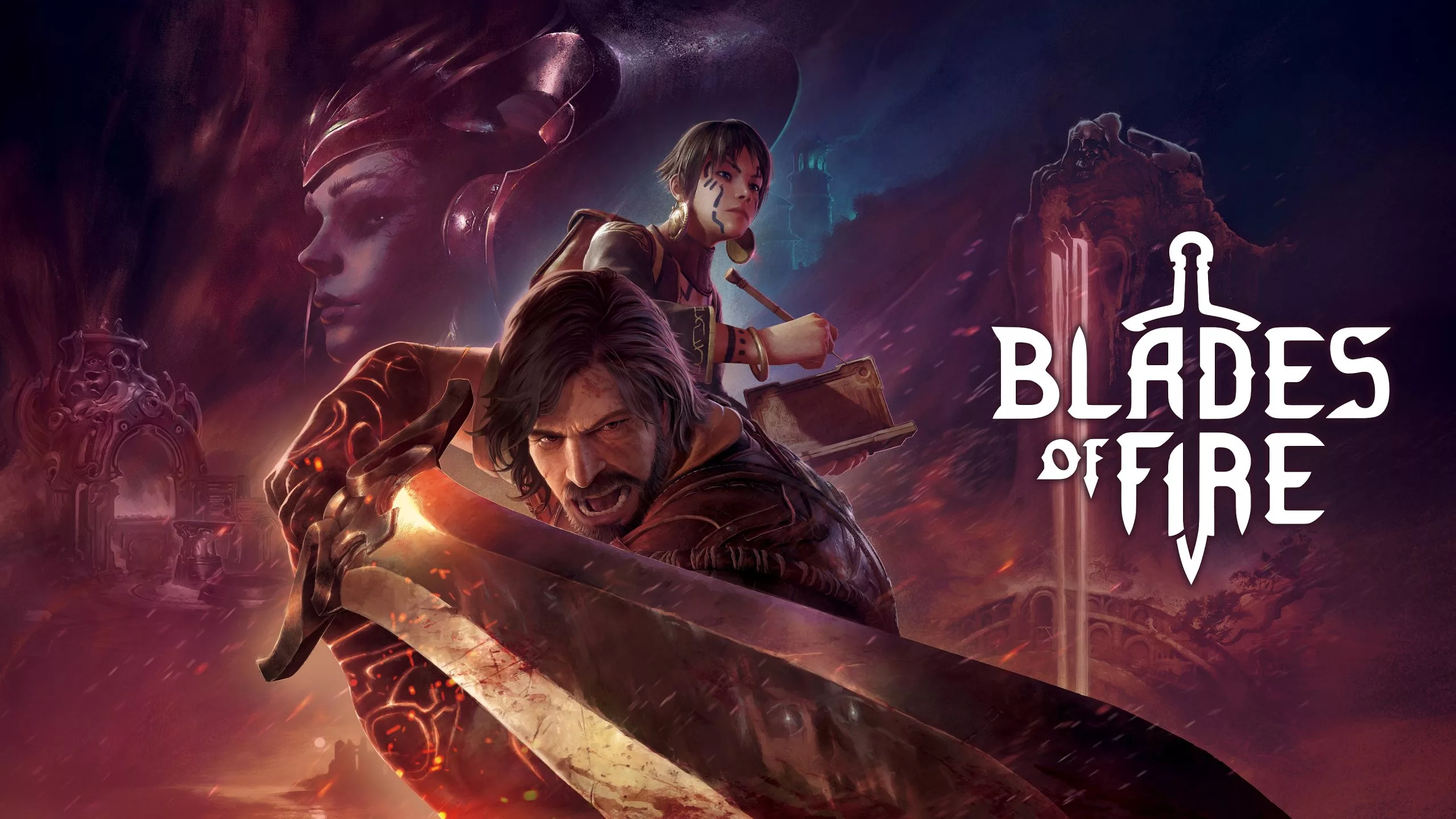 A modern and aesthetic visual representation for Blades of Fire, featuring flaming blades and a technological theme, perfect for social media use.