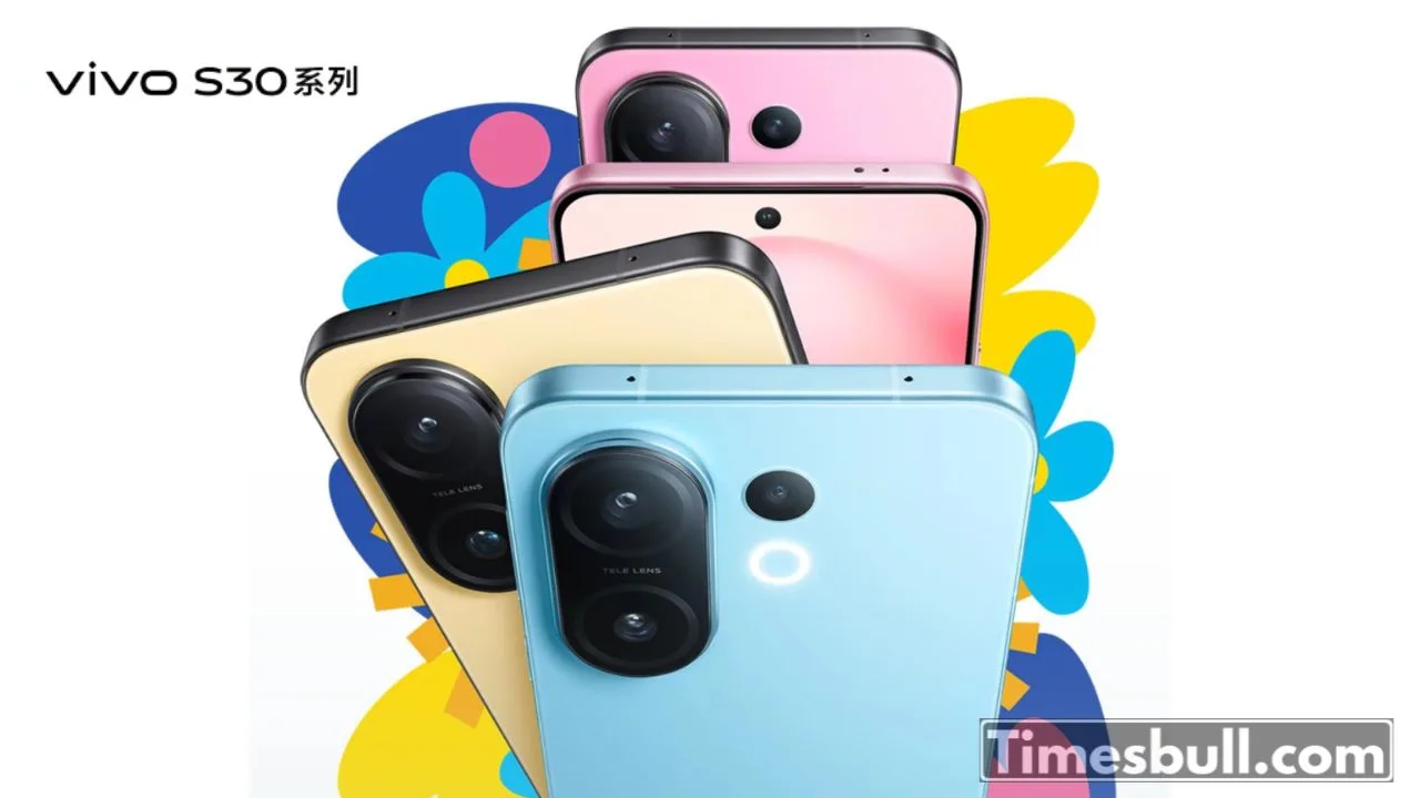 Modern smartphone design featuring Vivo S30 Pro in a vibrant futuristic cityscape with emphasis on technology and innovation.