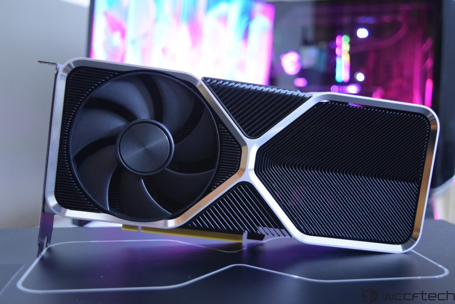 A modern and aesthetic render of the NVIDIA GeForce RTX 5060 graphics card in a futuristic tech environment.