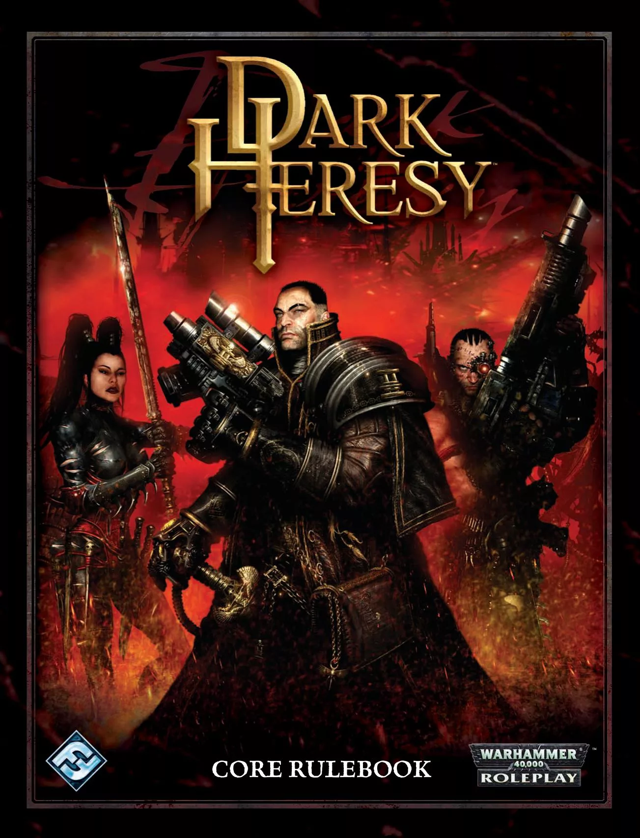 Dark Heresy themed art from Warhammer 40,000 featuring a dystopian futuristic setting with mysterious figures and high-tech gadgets.