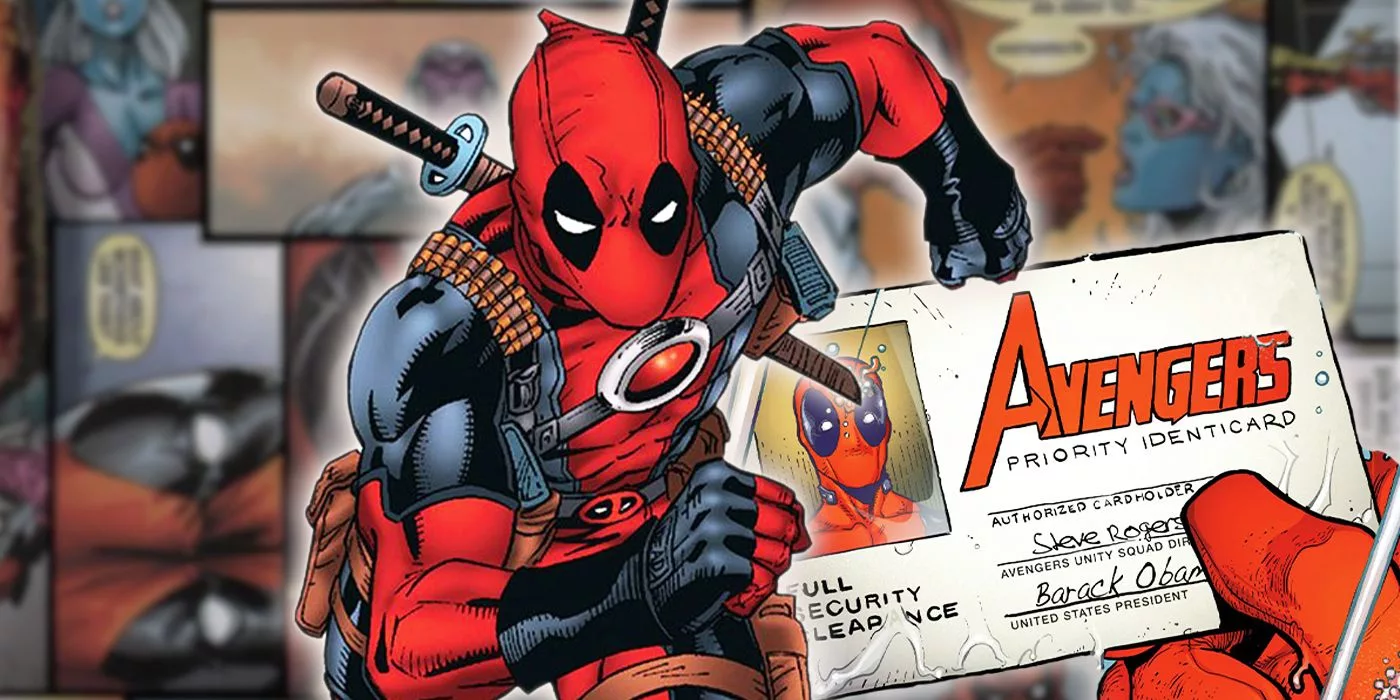 High-quality graphic of Deadpool as a member of the Avengers in a futuristic city setting, showcasing a blend of action and humor.