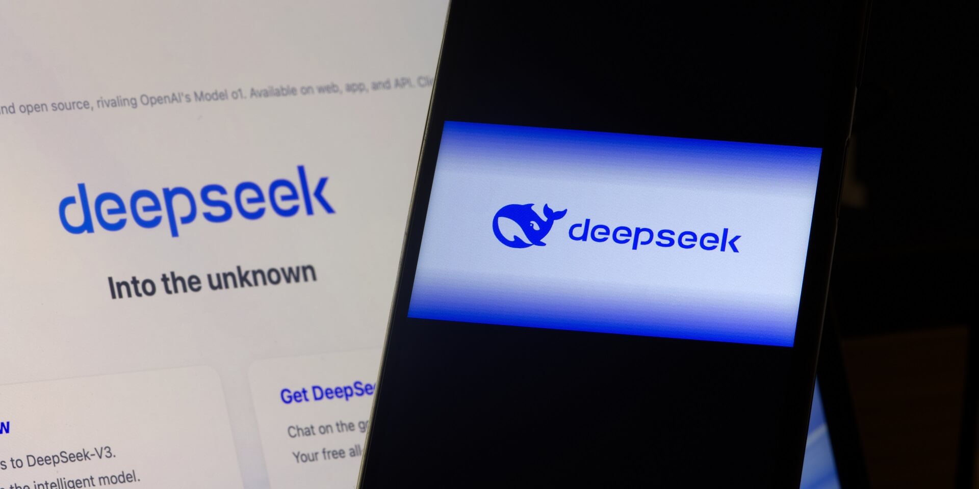 A futuristic AI interface showcasing DeepSeek with the Huawei Ascend 910C chip in a high-tech lab setting.