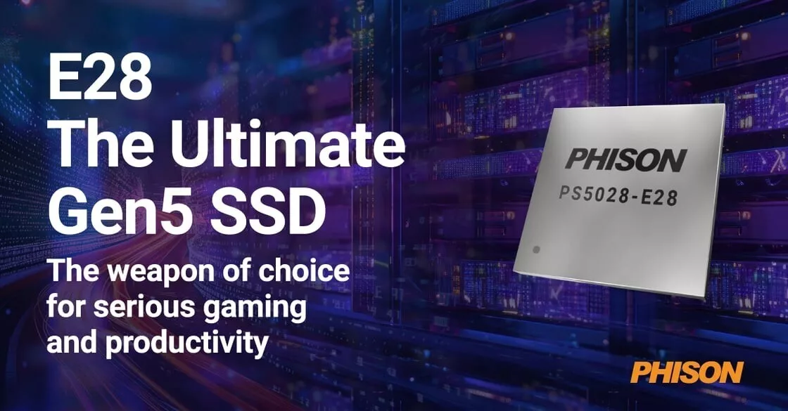 High-quality visual representation of Phison E28 Gen5 SSD highlighting speed and low power consumption with a modern design.