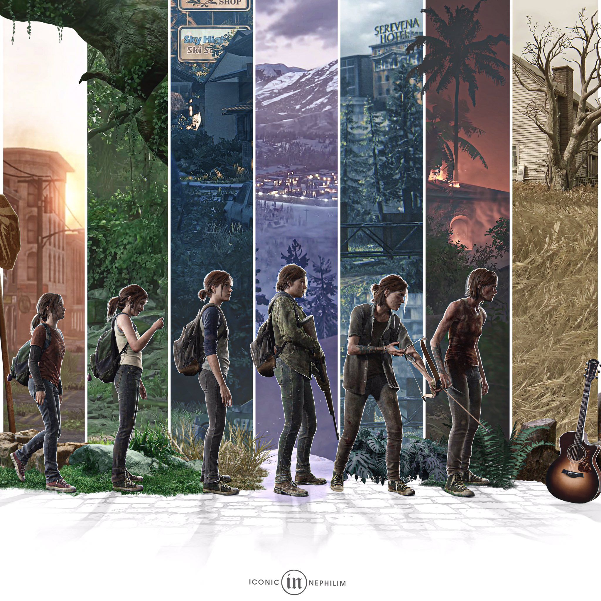 A digital illustration depicting a dystopian landscape inspired by The Last of Us 2 Remastered, featuring futuristic technology and nature, suitable for gaming blogs or social media.
