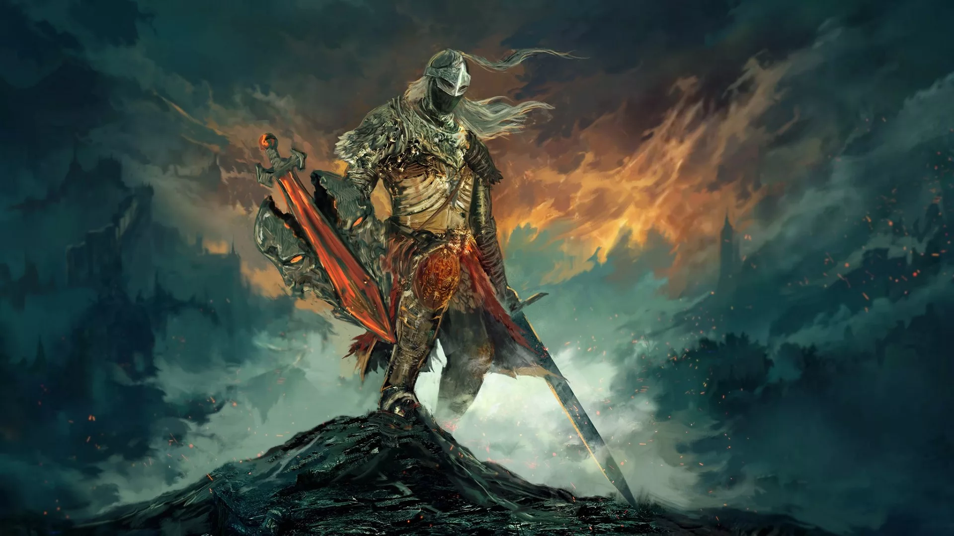 Futuristic gaming scene inspired by Elden Ring depicting GPU performance issues, showcasing a knight and a glitching monster against a dramatic landscape.