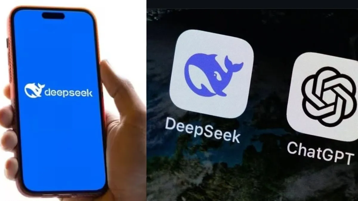 A modern illustration of AI technology showcasing DeepSeek R1 and software development concepts with a futuristic laptop and dynamic abstract elements.