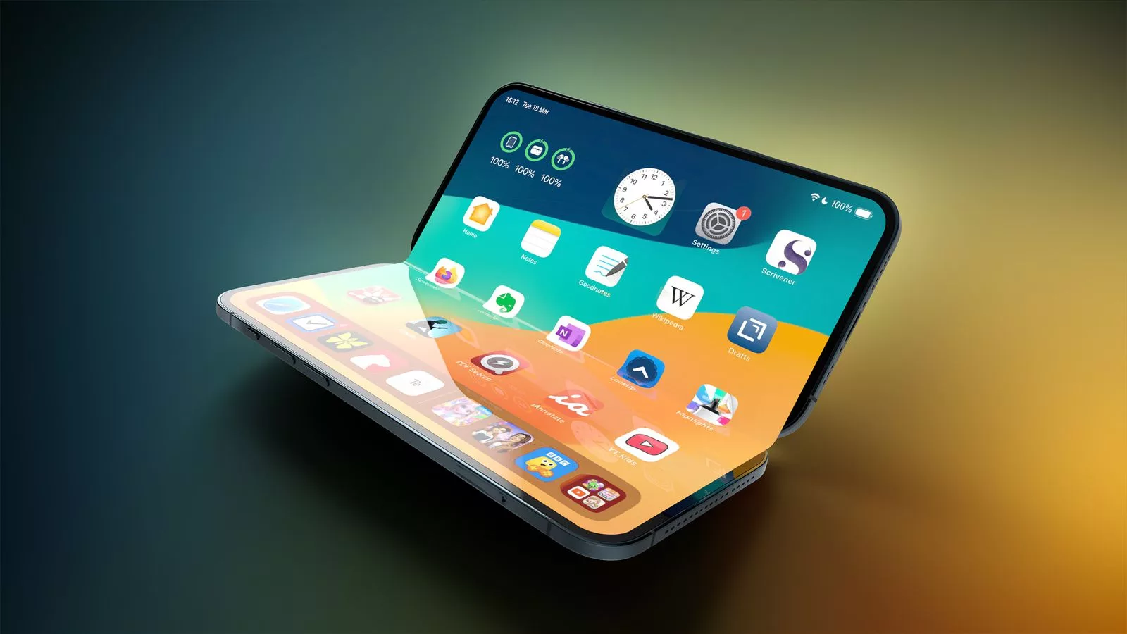 Futuristic foldable iPhone concept design, showcasing modern technology and innovation.