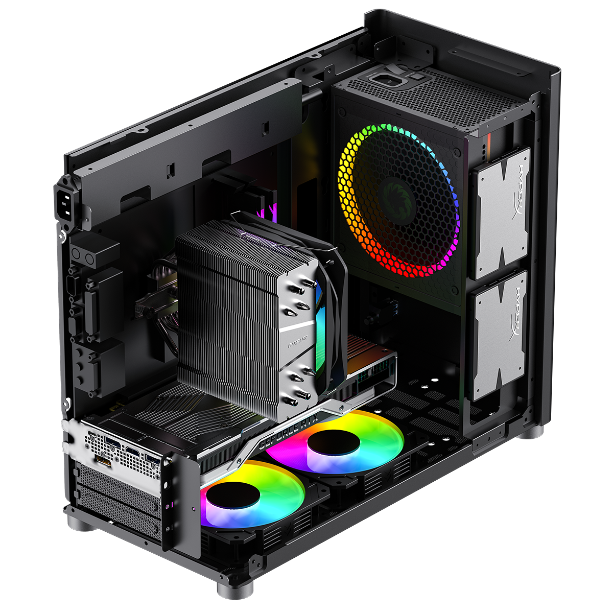 GAMEMAX VISION GMX32UCDM 4K QD-OLED gaming monitor showcasing a dynamic gaming setup with RGB lighting, displaying vibrant game visuals.