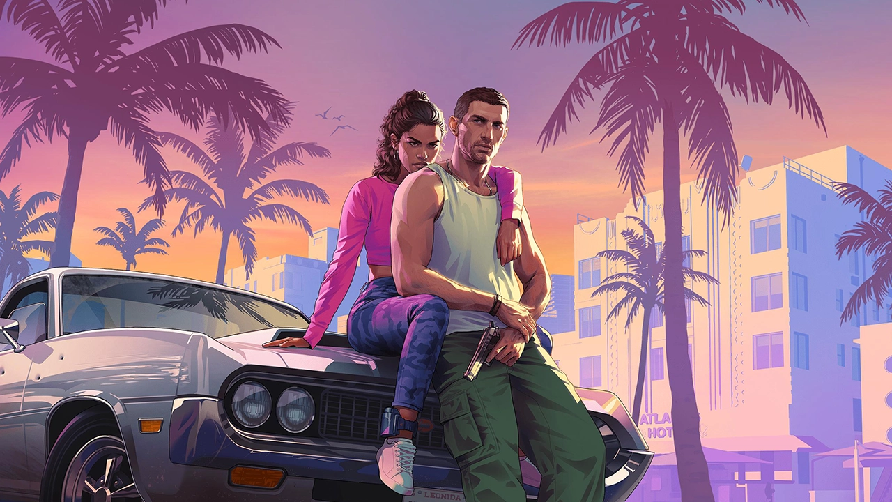 A futuristic graphic design showcasing the delayed release of GTA VI to 2026, featuring a vibrant city skyline and engaging video game elements.