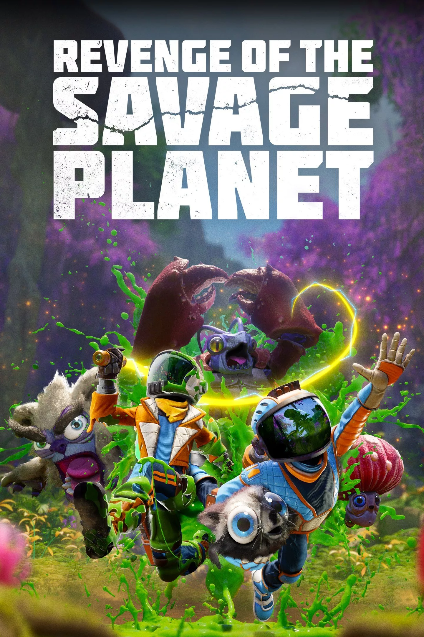 Digital artwork of 'Revenge of the Savage Planet' showcasing a vibrant, futuristic landscape with characters exploring an alien world.