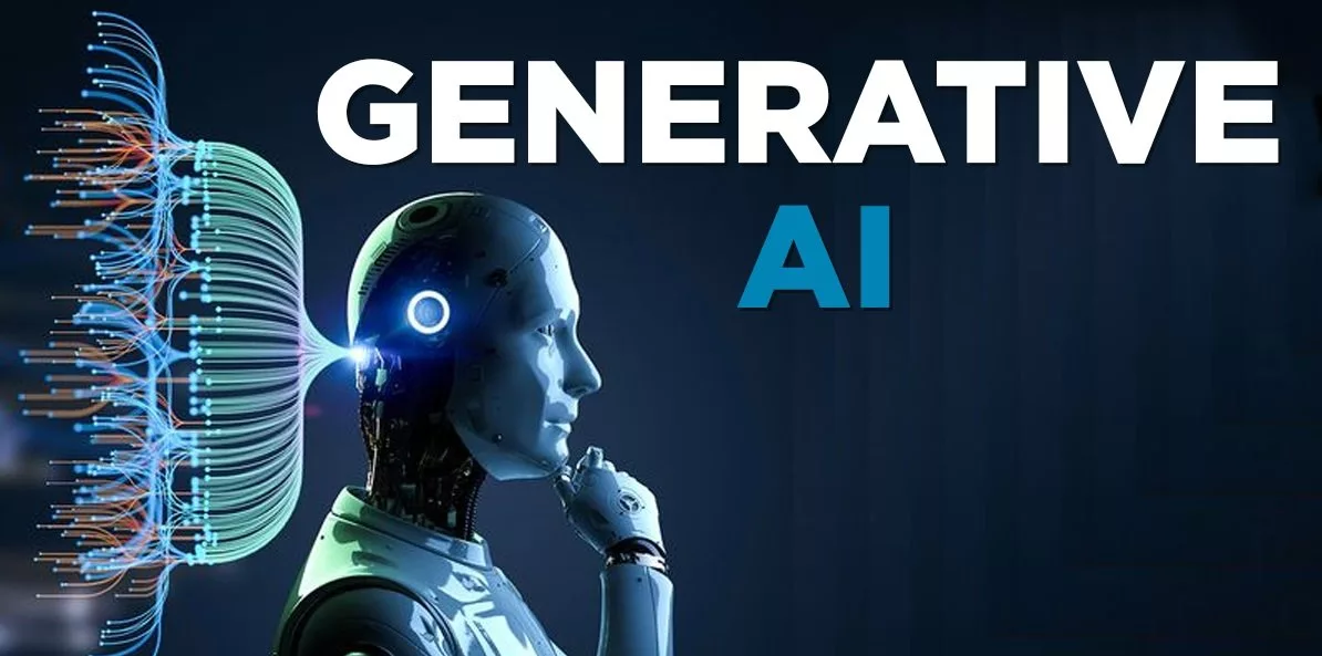 Modern visual representation of generative AI and its impact on business processes, featuring abstract technological elements and a futuristic color palette.