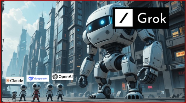 Futuristic representation of Grok 3 AI, showcasing a humanoid robot in a high-tech environment.