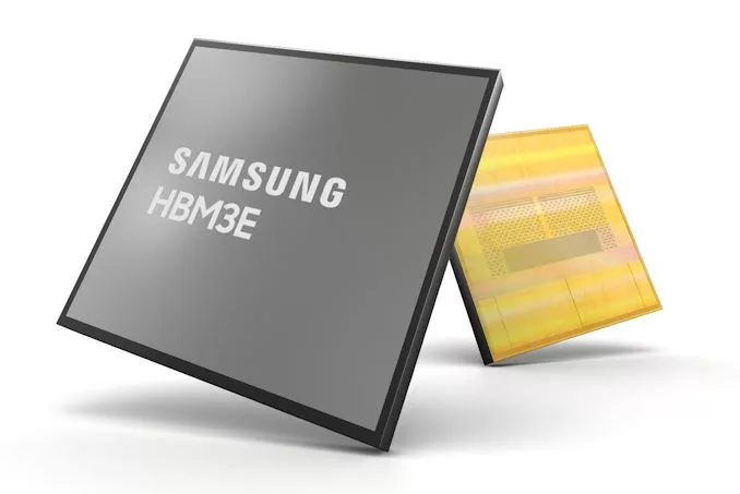 Futuristic digital artwork representing Samsung HBM3E technology with abstract elements symbolizing challenges and supply chain issues.
