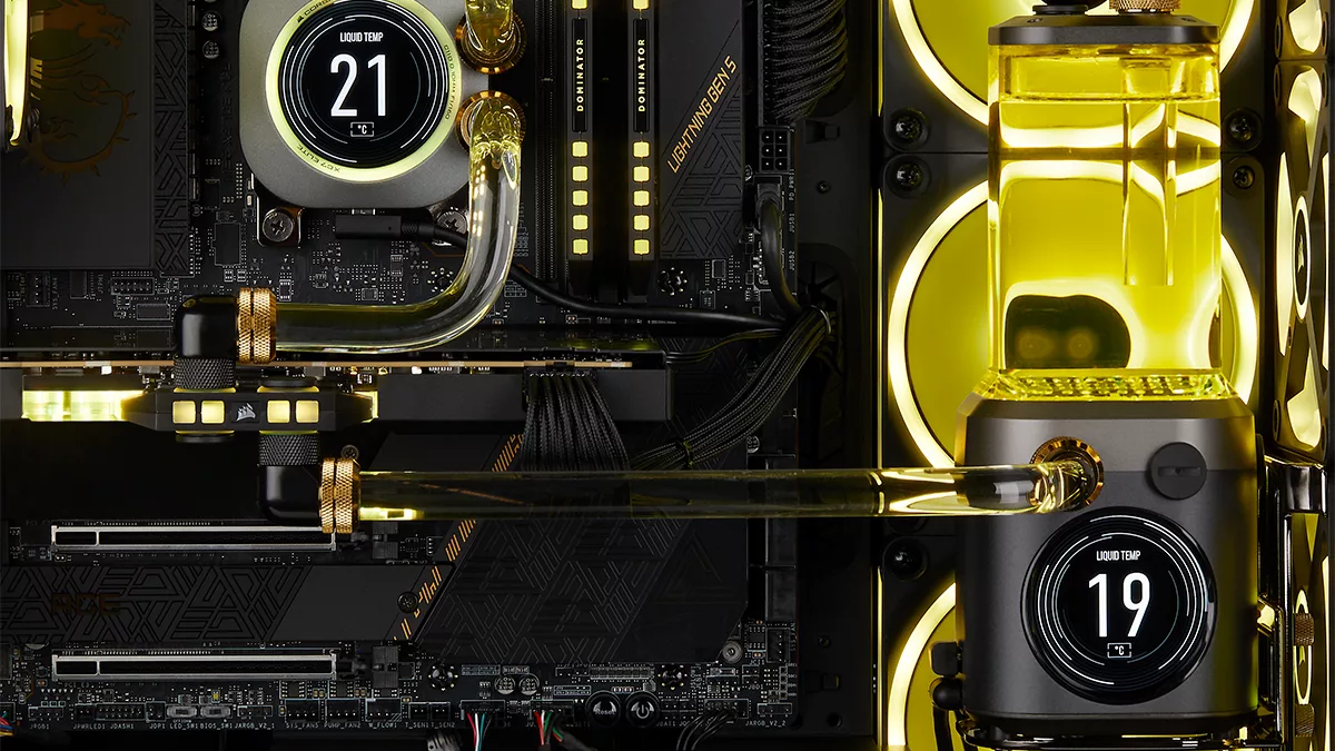 A futuristic visual representing Corsair Hardware Innovations at Computex 2023, featuring sleek gaming technology and a stormy atmosphere.