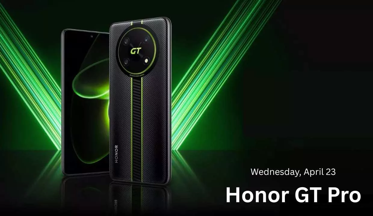 High-quality artwork of the Honor GT Pro smartphone showcasing its sleek design and modern technology in a futuristic setting.