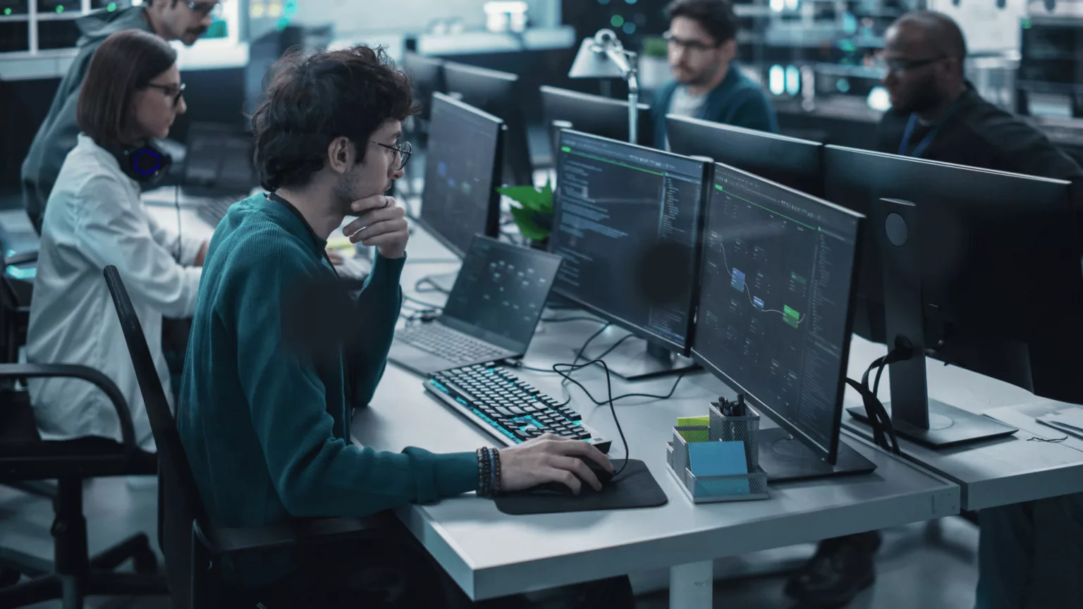 An illustration of a diverse team collaborating on artificial intelligence projects with holographic data displays.