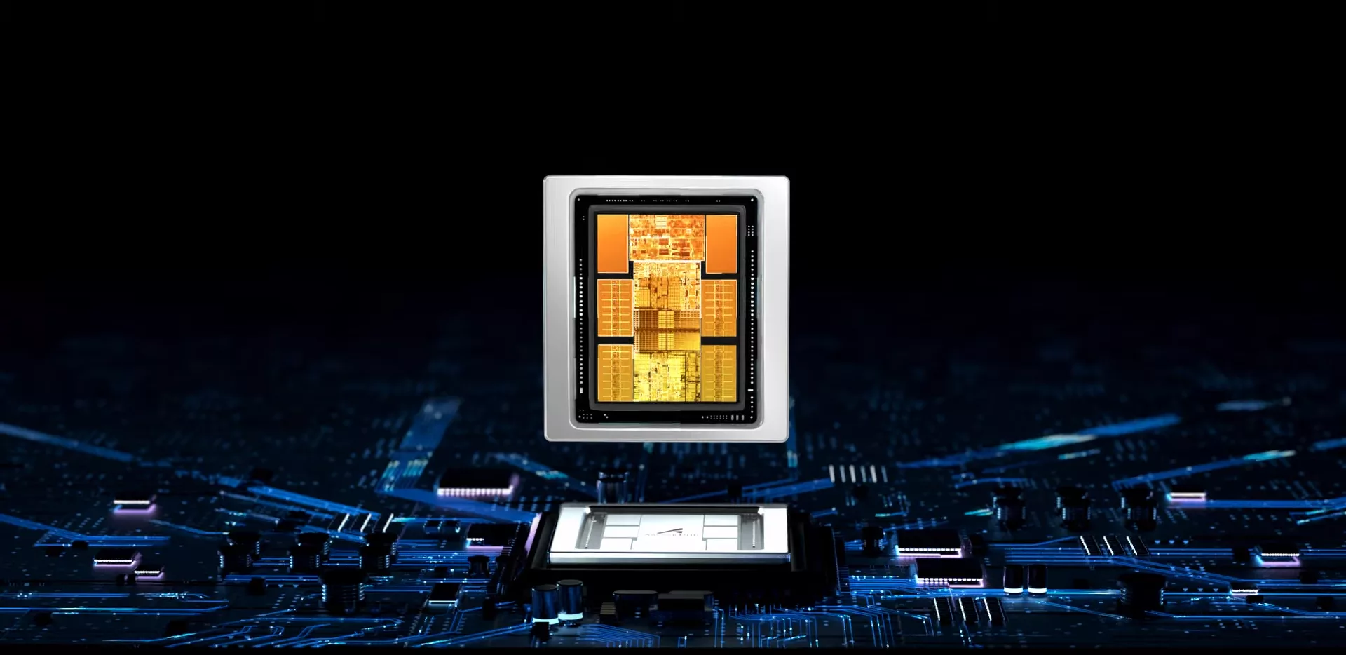Modern graphic representation of Huawei Ascend 910C chip with futuristic elements and sales projections for 2025.