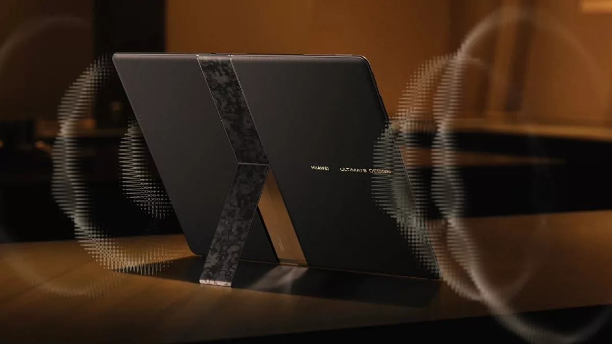 A sleek Huawei MateBook Fold displayed in a modern workspace, highlighting its foldable design and technological elegance.