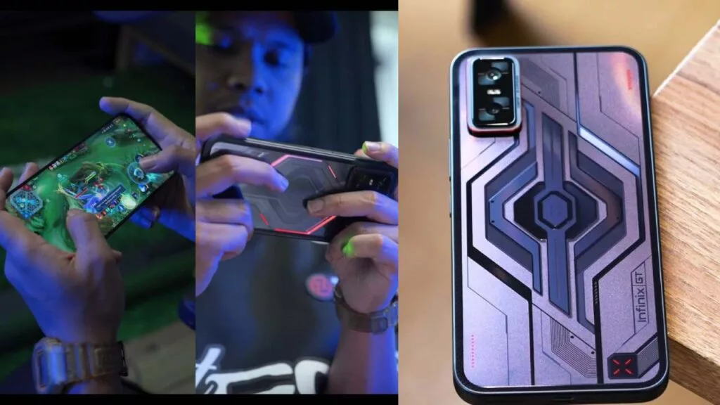 A high-quality illustration of the Infinix GT 30 Pro smartphone, focused on its gaming features and modern design, set against a futuristic background.