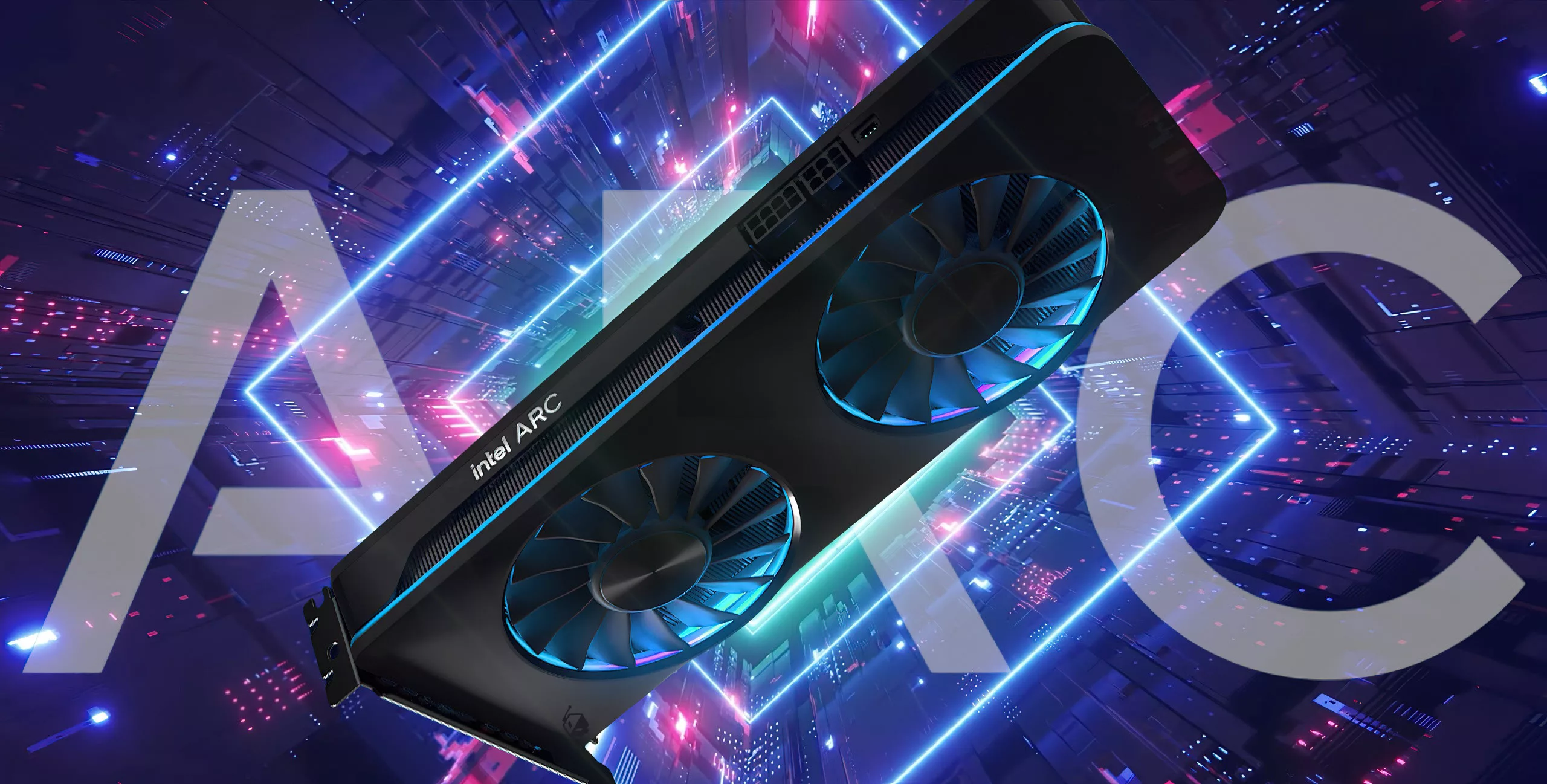 A modern digital illustration of the Intel Battlemage GPU showcasing its technological features and aesthetic design.
