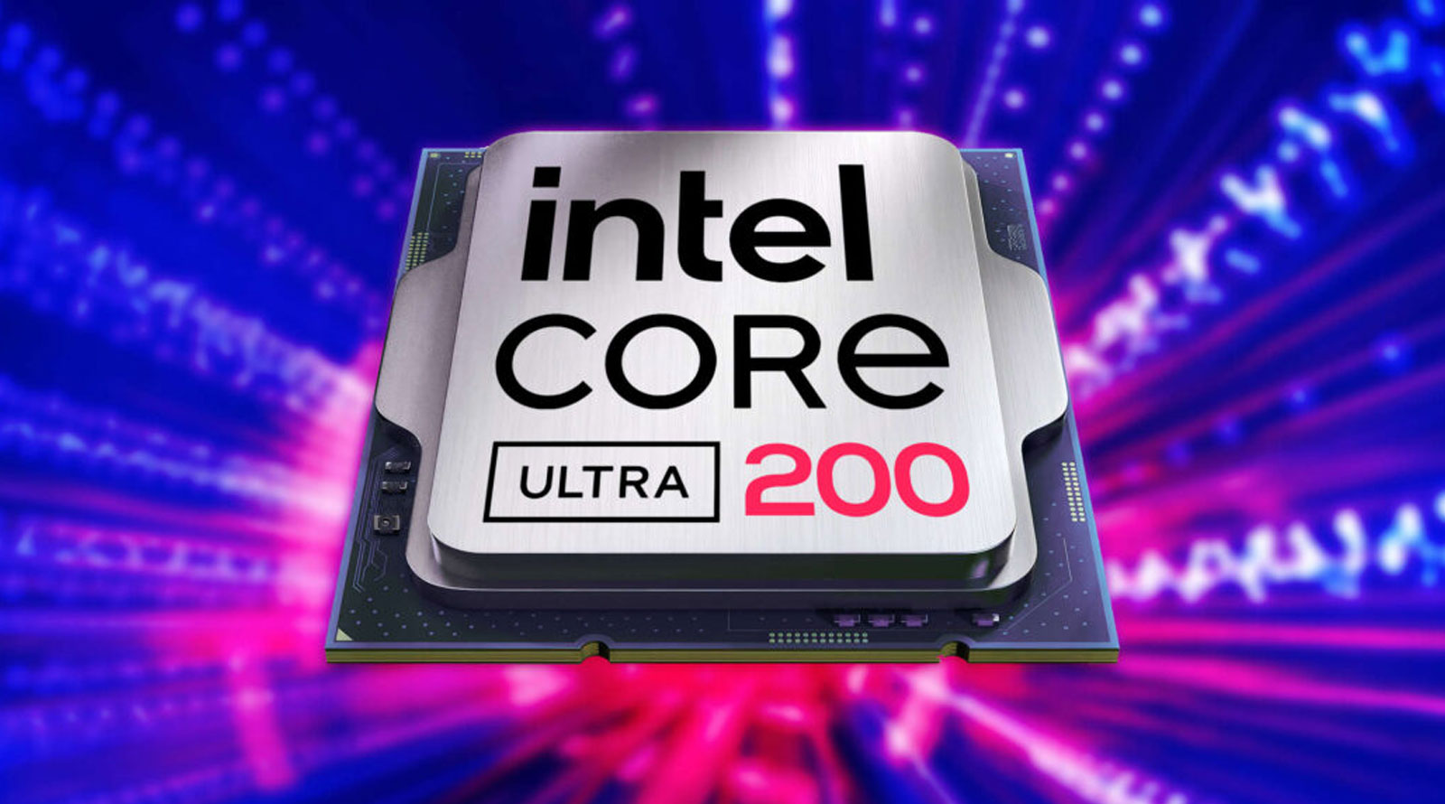 Futuristic gaming setup showcasing Core Ultra 200HX processors with a cyberpunk aesthetic and high-tech accessories.