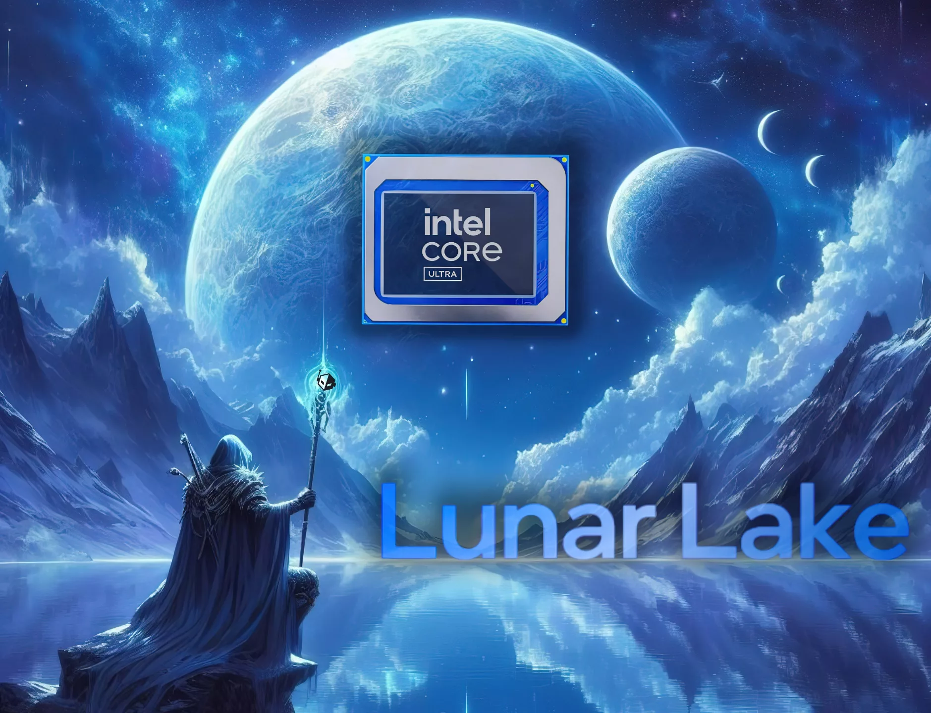 A sleek and modern depiction of Intel Lunar Lake showcasing its AI-focused mobile performance, surrounded by futuristic technology concepts.