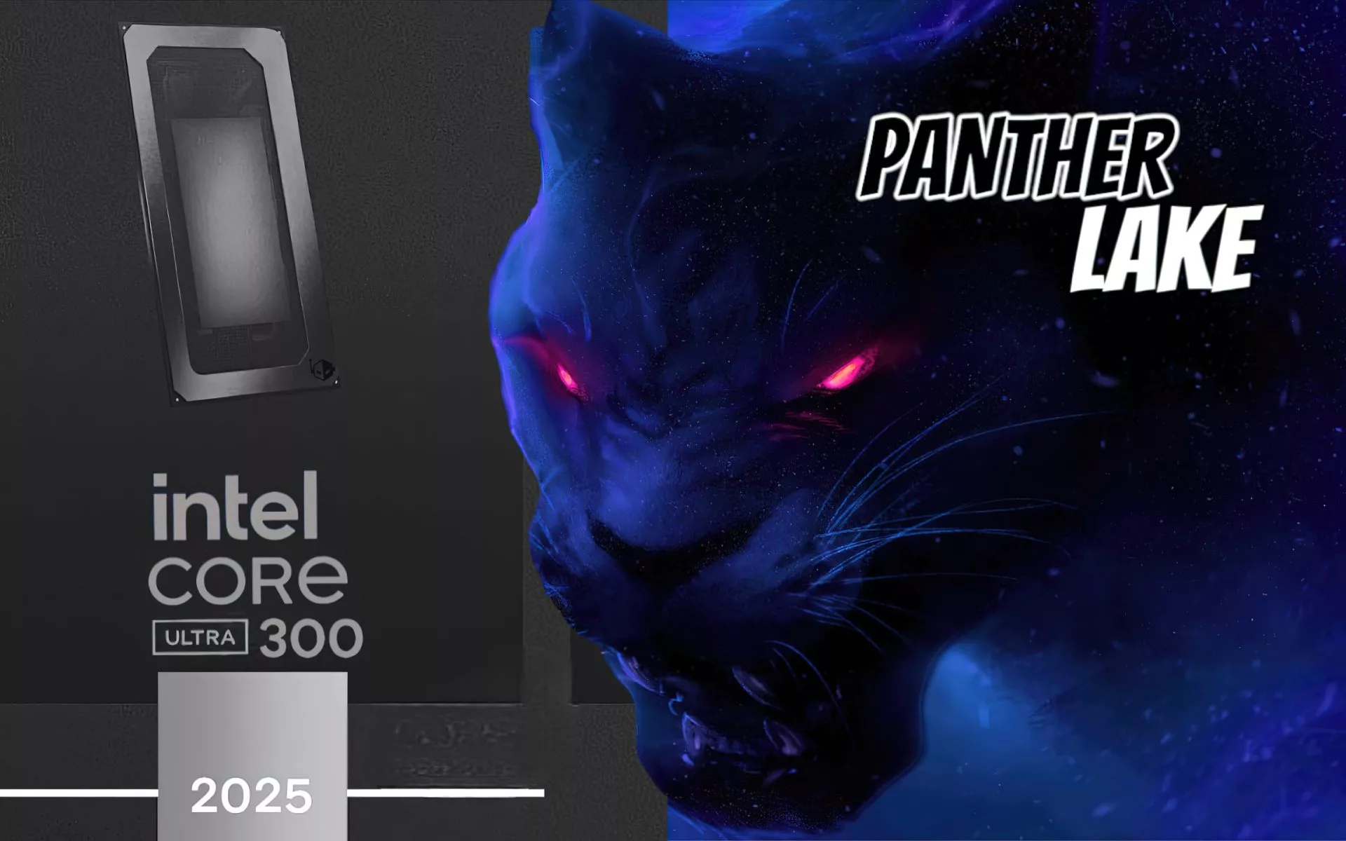 A modern design concept for the Panther Lake CPU, set to launch in 2026, featuring a sleek design and futuristic elements.