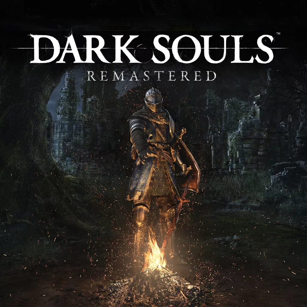 A modern artistic representation of Dark Souls: Remastered with a dark fantasy theme, showcasing iconic elements and technological design.