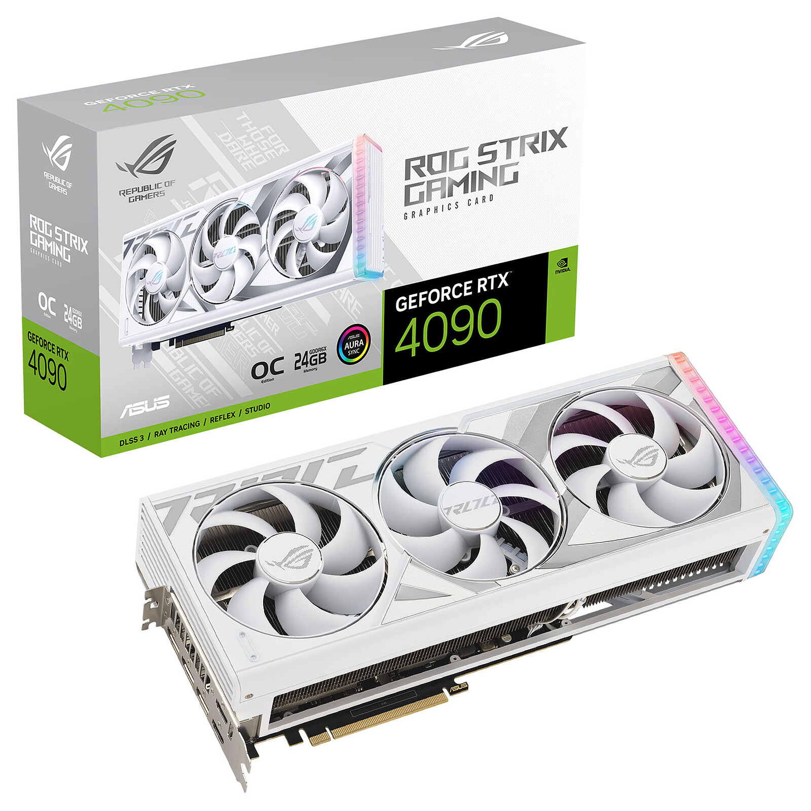 A modern graphic representation of the RTX 4090 video card with warning symbols highlighting scam risks.
