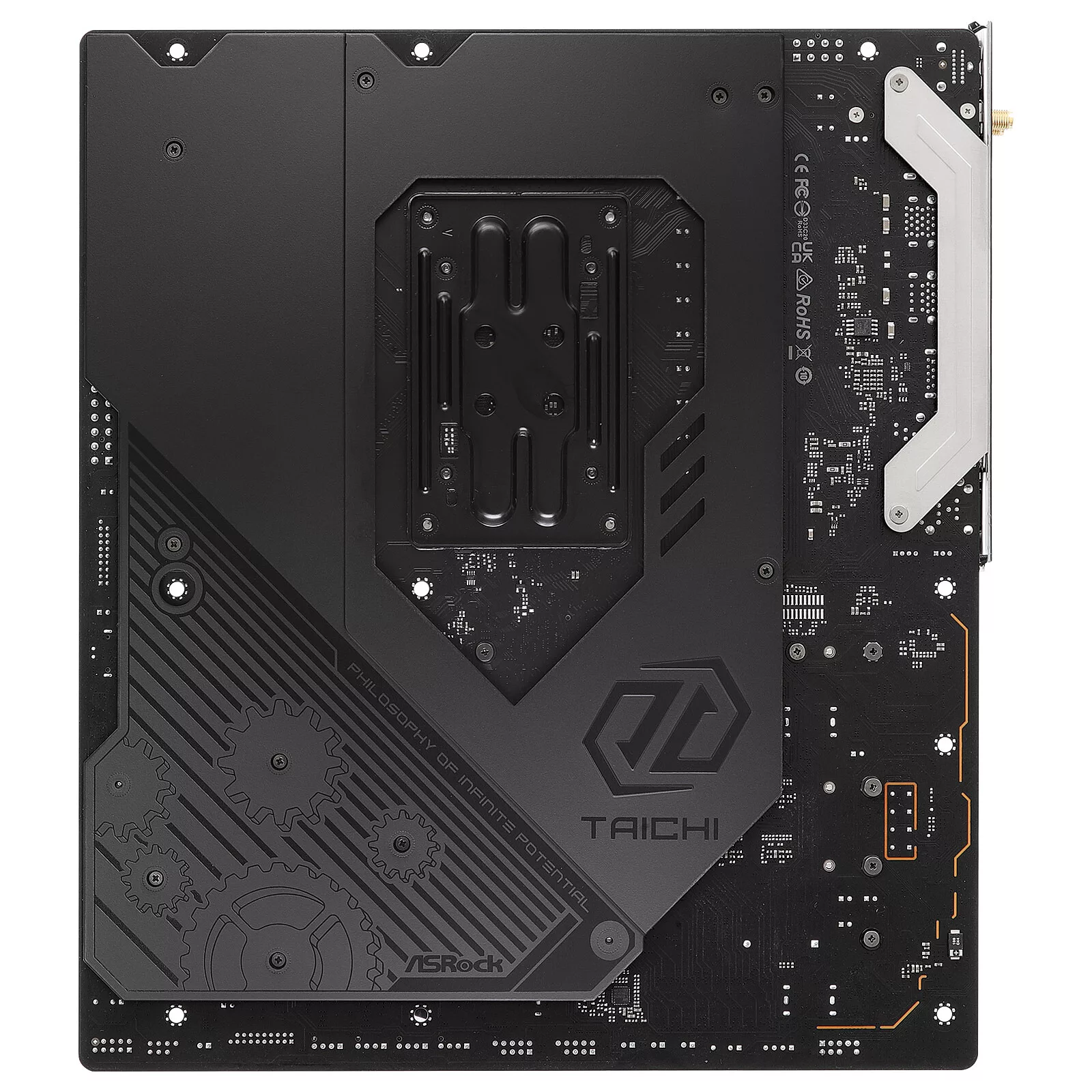 High-quality visual representation of the ASRock X870E Taichi OCF motherboard designed for overclocking, showcasing its modern and technological features.
