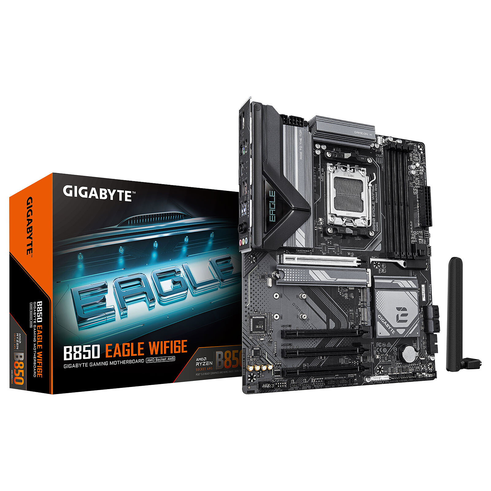 A modern and aesthetic representation of the Gigabyte B850 motherboard highlighting its PCI-E 5.0 support and advanced features.