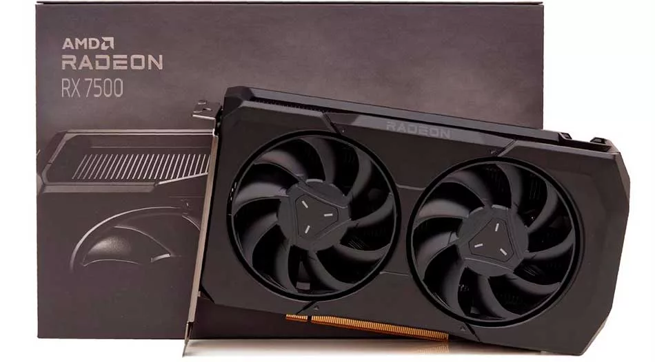 A high-tech visual representation of the AMD Radeon RX 7500 graphics card, showcasing its modern design and technological features.
