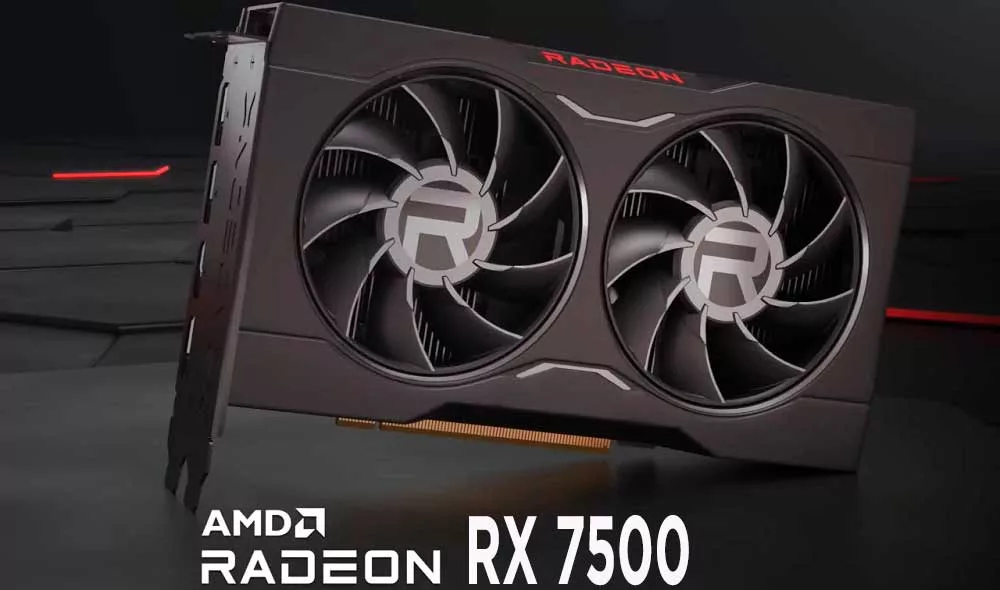 Modern and aesthetic representation of the Radeon RX 7500 graphics card by AMD featuring a high-tech design.