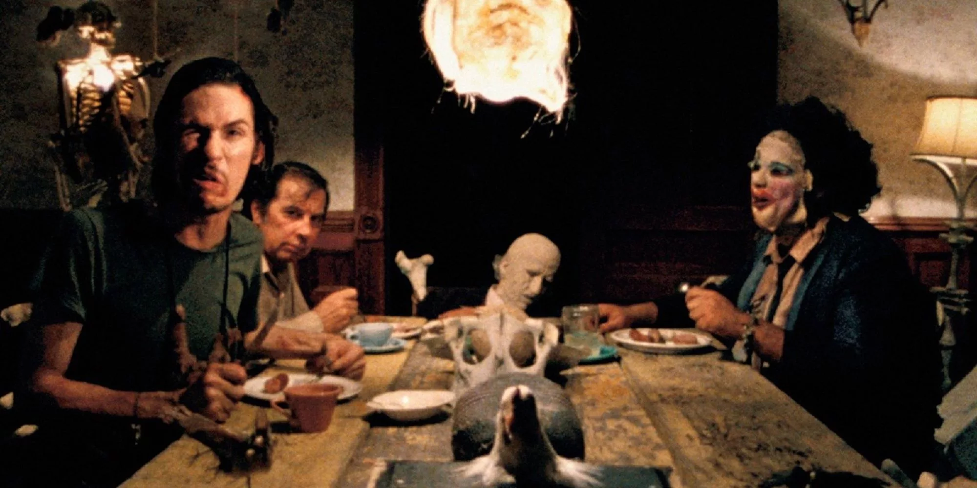 A modern horror-themed art piece inspired by The Texas Chainsaw Massacre, featuring chainsaws, dark landscapes, and iconic motifs of suspense and terror.