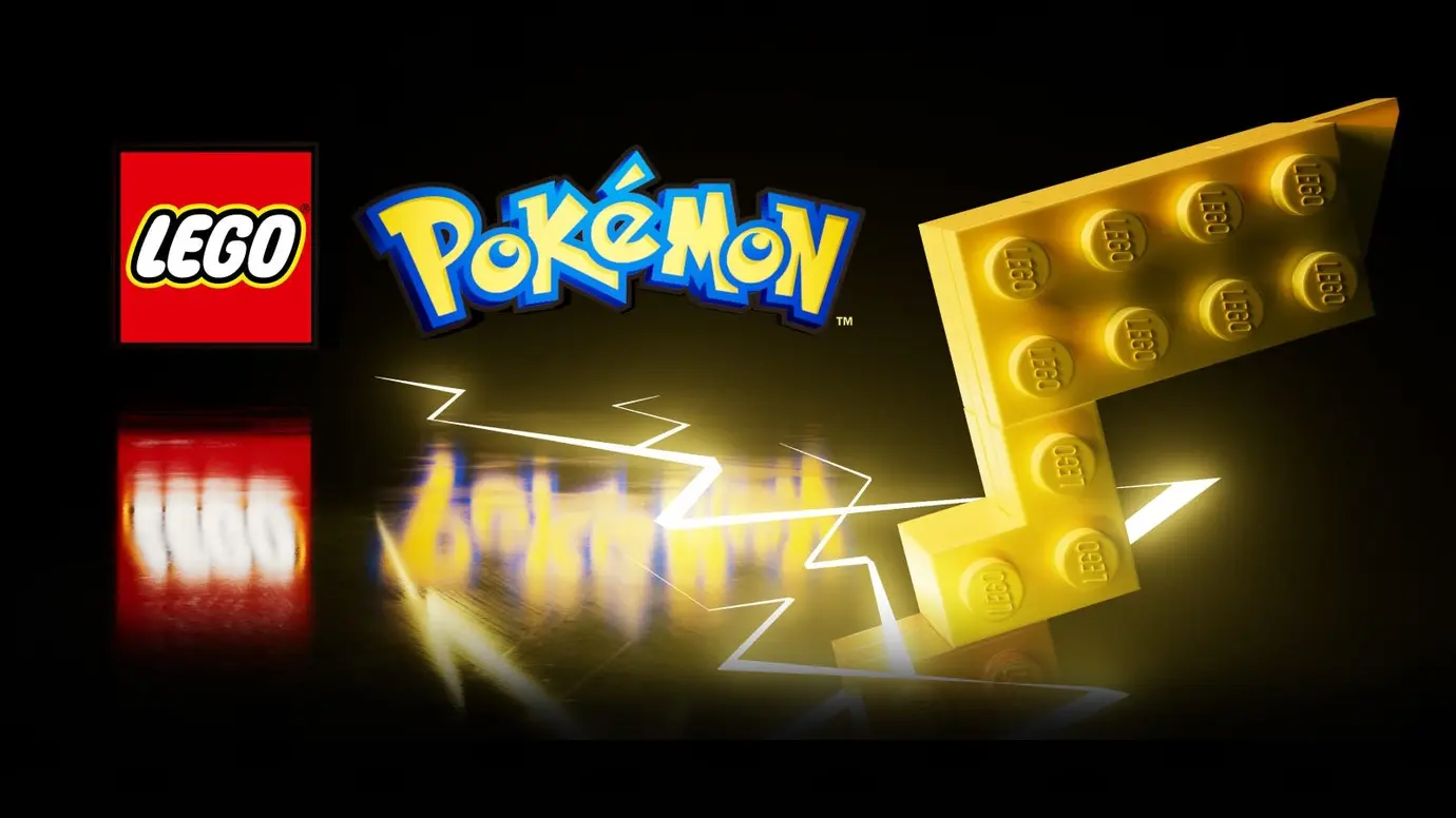 A vibrant digital artwork showcasing a futuristic Lego Pokémon announcement for 2026, featuring Lego characters and modern landscapes.