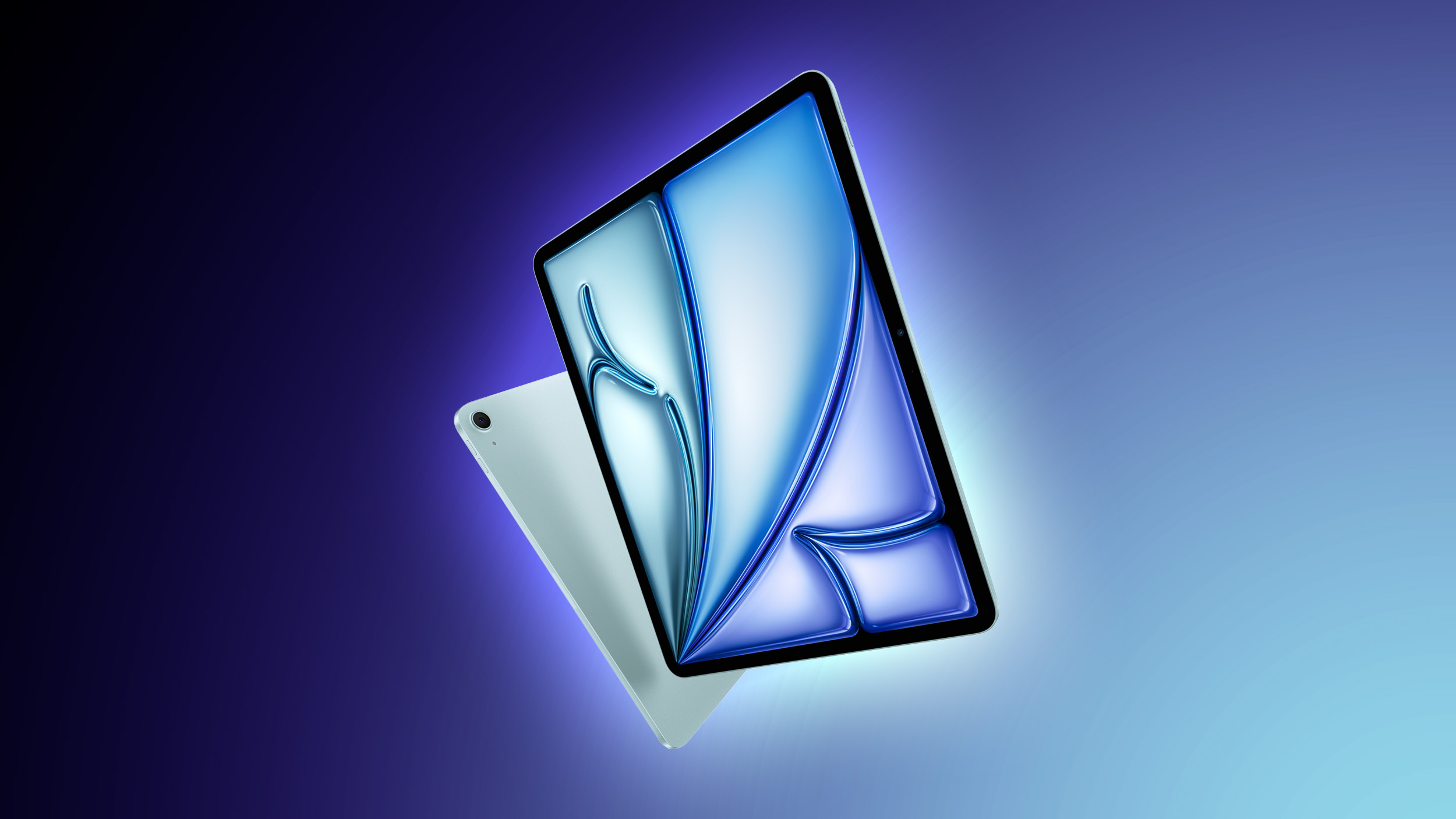 Futuristic illustration of the new iPad Air featuring the M3 chip in a high-tech setting.