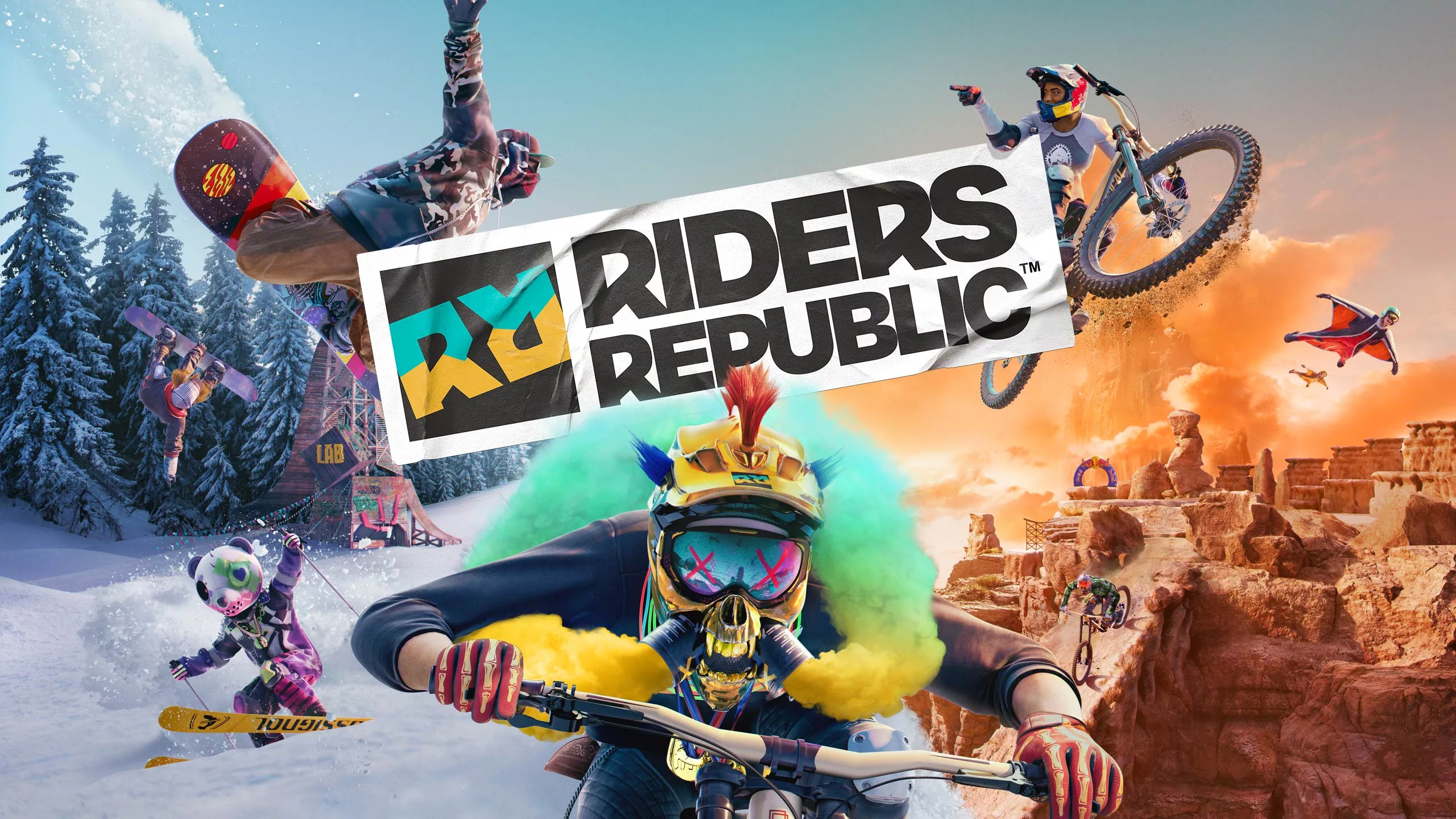 A dynamic and vibrant visual representation of Riders Republic, showcasing extreme sports in stunning landscapes.
