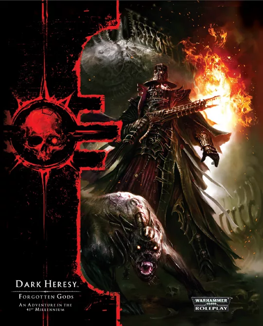 A dark, gothic sci-fi themed image representing Warhammer 40,000: Dark Heresy with an imposing Inquisitor character in a star-filled background.
